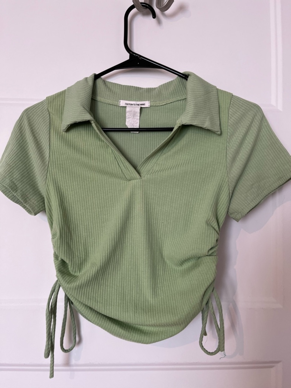 Caution To The Wind Light Sage Ribbed Collared Drawstring Crop Top - Picture 1 of 3